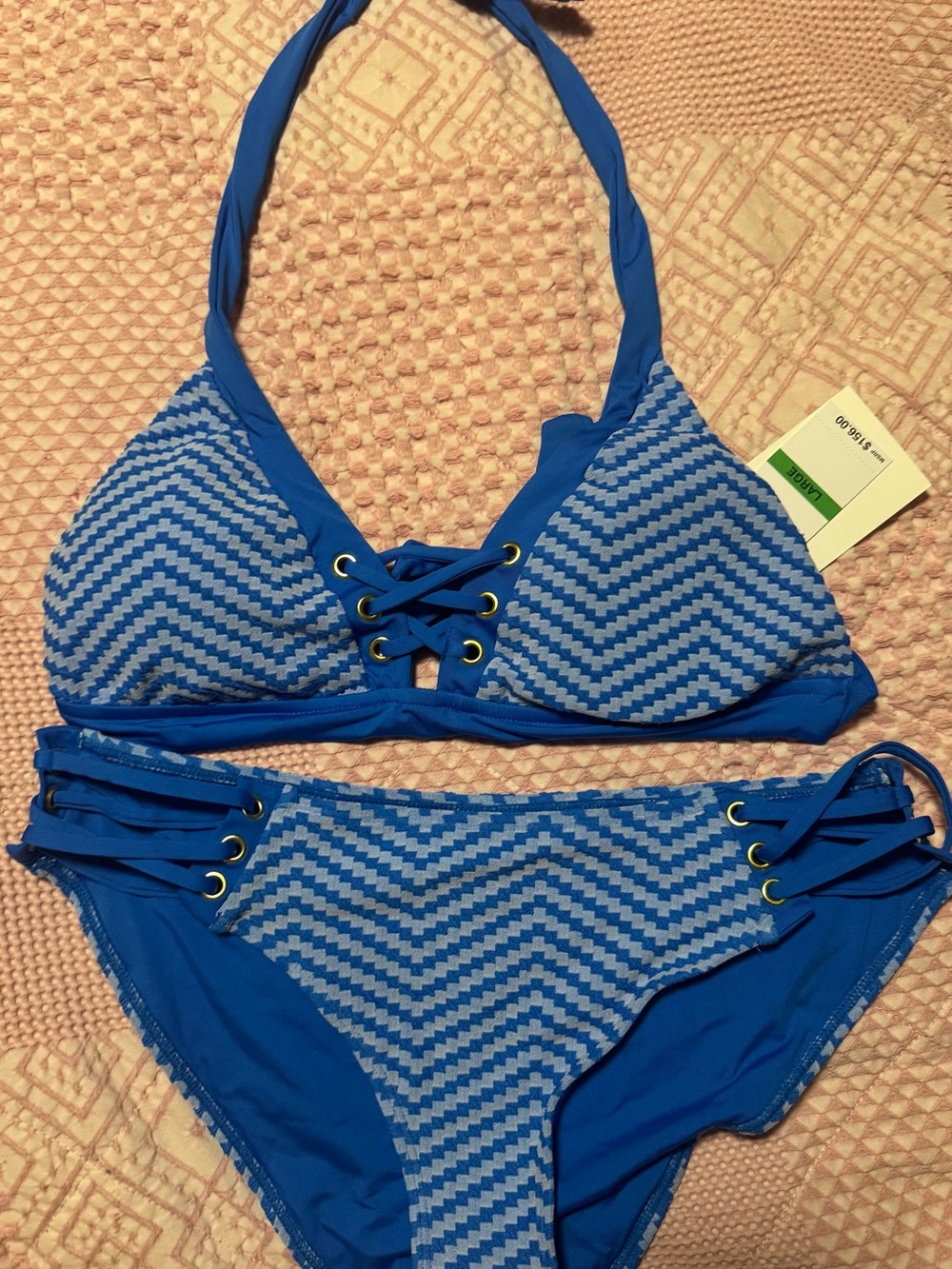 BECCA Royal Blue Chevron Lace-Up Halter Bikini